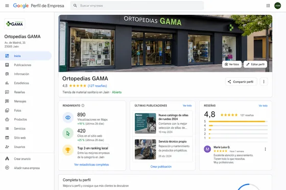 Google Business Profile Ortopedias GAMA: valoraciones y visitas