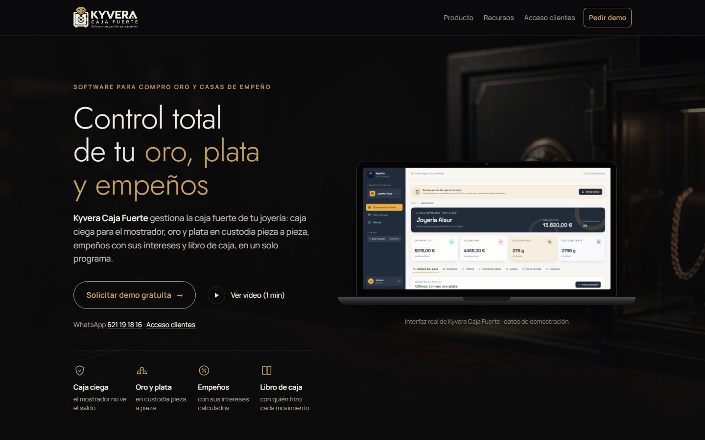 Kyvera Caja Fuerte: saldo, movimientos del día y custodia de oro y plata en una joyería