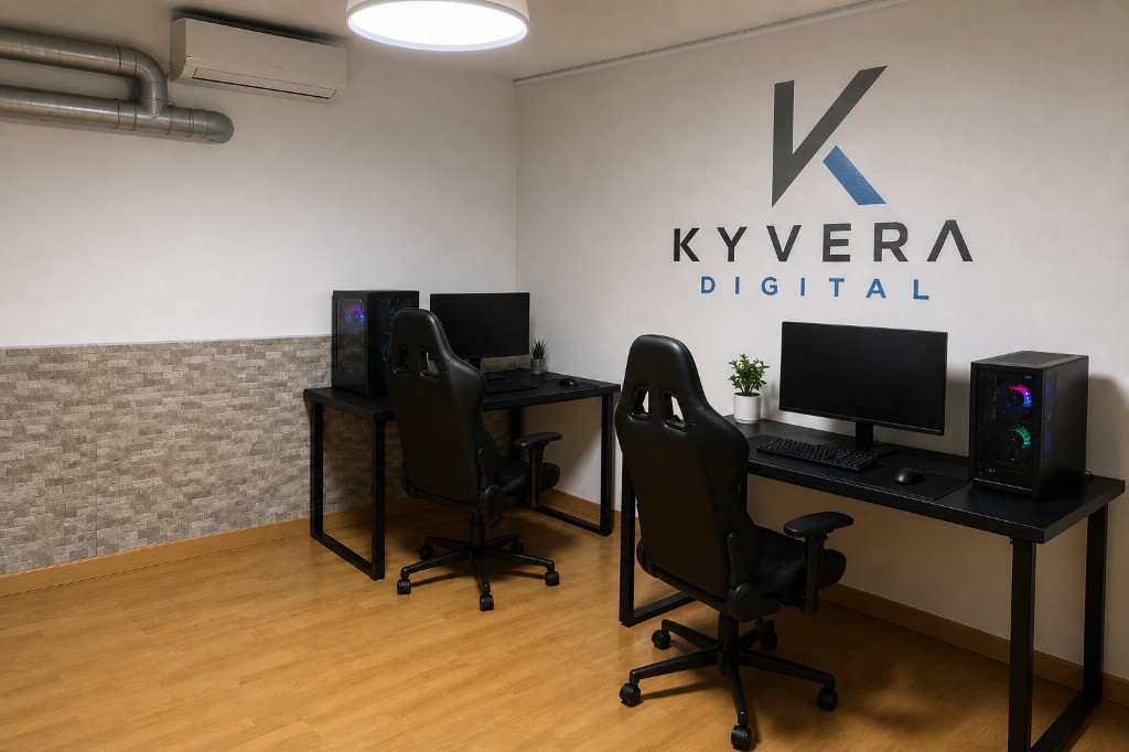 Interior de la oficina Kyvera Digital con equipos de trabajo